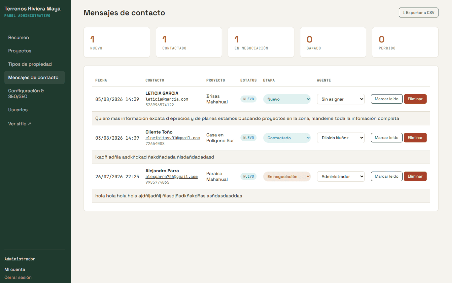 Mensajes de contacto con seguimiento